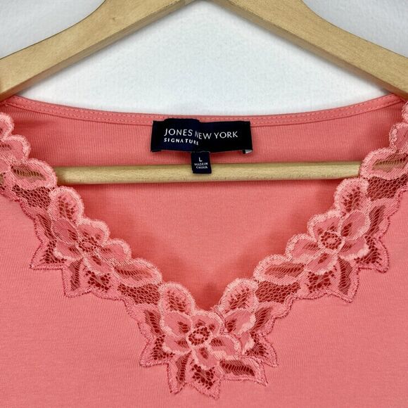 Set Of 2 Jones New York Womens Lg Coral & Pink Long Sleeve Lace V-neck Shirt - Picture 7 of 8